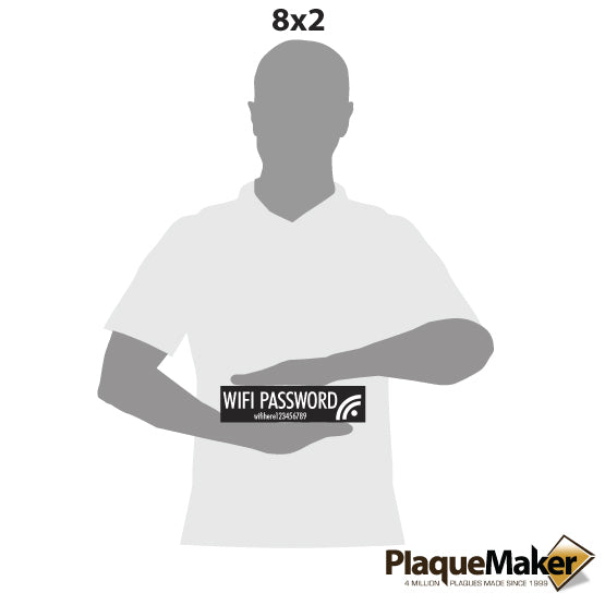 Size Guide With Blank Figure Holding Black And White Plastic WiFi Sign Engraved With WiFi Icon And Sample Password Details