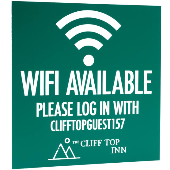 Custom Green Plastic WiFi Sign Laser Engraved With WiFi Icon And WiFi Available And Sample Login Details And Inn Logo