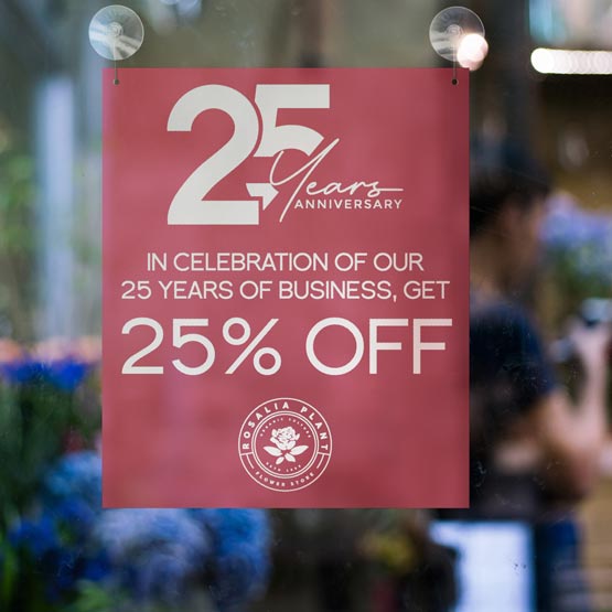 Custom Red Plastic Sign Engraved With Logo And Business Anniversary Sale Message Mounted On Glass Window Via Suction Cups