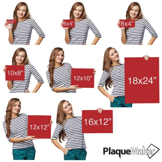 Size Guide With Happy Woman Holding Different Sizes Of Red Plastic Sign Showing Measurements Against White Background