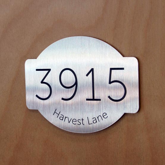 Small Stainless Steel Address Sign Laser Fused With Custom Harvest Lane Address Details Mounted On A Wood Door