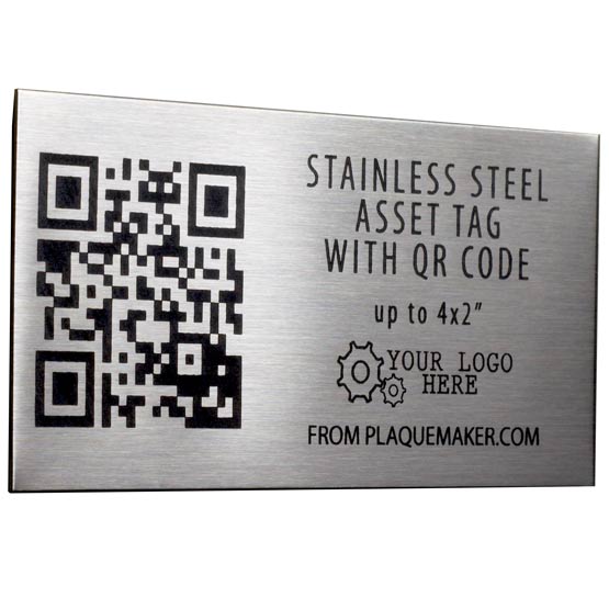 Custom Stainless Steel Asset Tag Laser Fused With Sample QR Code And Showing Customization Options And Areas