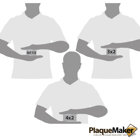 Size Guide With Blank Figures Holding Different Sizes Of Custom Stainless Steel Asset Tag With QR Code Showing Measurements