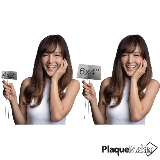 Size Guide With Happy Woman Holding Different Sizes Of Custom Stainless Steel Garden Sign With Metal Stand And Measurements