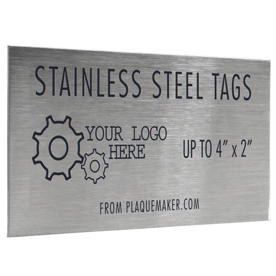 Stainless Steel Rectangle Label Laser Fused To Show Customization Options And Areas For Text And Art Against White Background