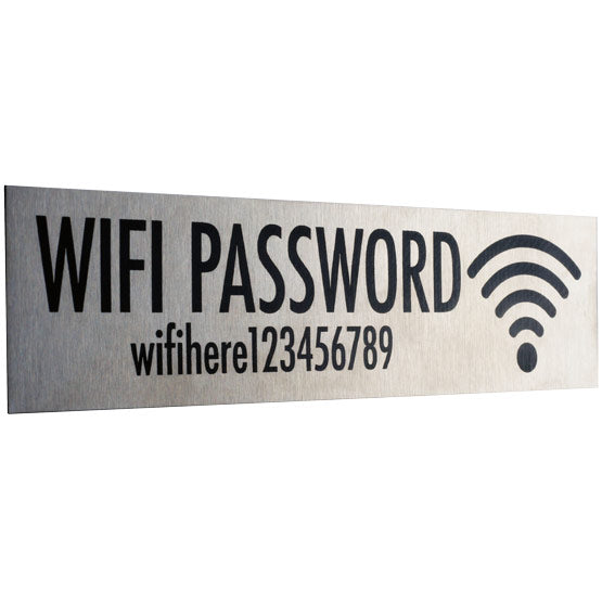 Custom Eight By Two Stainless Steel WiFi Sign Laser Fused With Sample Login Details And WiFi Icon Against White Background