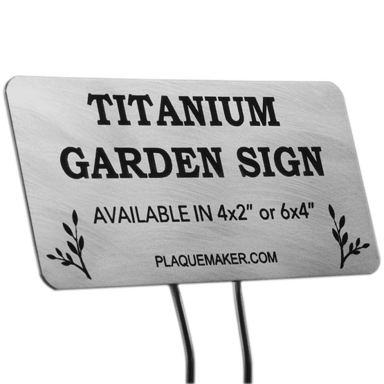 Custom Titanium Garden Sign Laser Fused With Sample Plant Art And Showing Customization Options And Areas For Text And Art