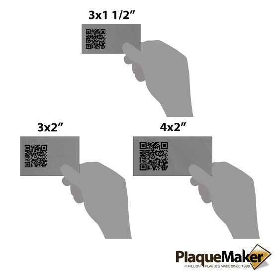 Size Guide With Blank Hands Holding Different Sizes Of Custom Titanium QR Tag Showing Measurements Against White Background